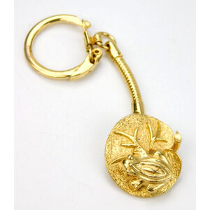 Vintage Mimi Di N Frog on Lilly Pad Pond Keychain Brushed Gold Tone 3.5" Long